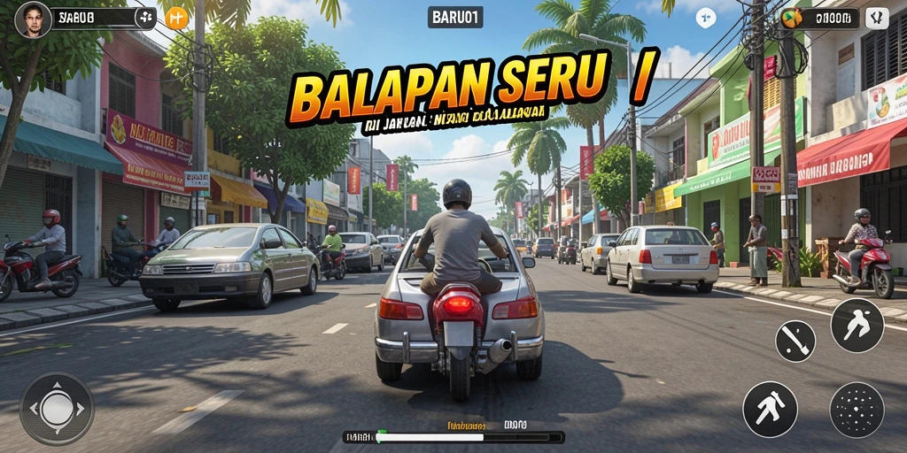Tampilan gameplay BARU01 dengan mobil balap yang melaju cepat.