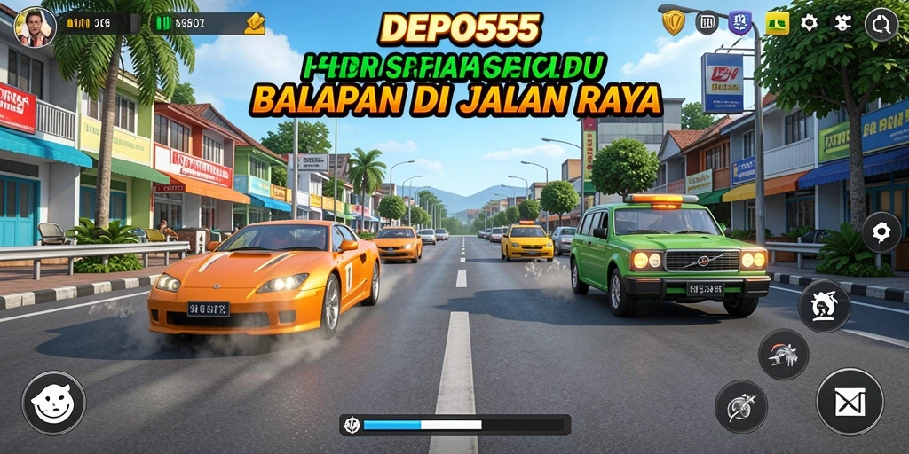 Gameplay DEPO555 dengan balapan yang mendebarkan dan mobil yang keren.