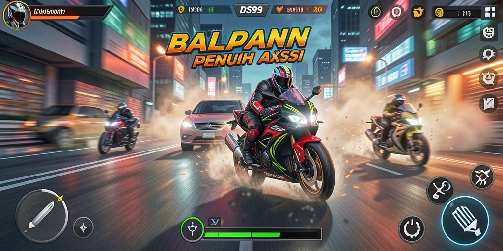 Tangkapan layar DS99 menampilkan aksi balapan motor yang seru dan mendebarkan.