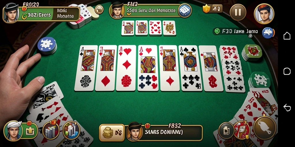 Tampilan gameplay seru F32 dengan pemain bersaing di meja domino.