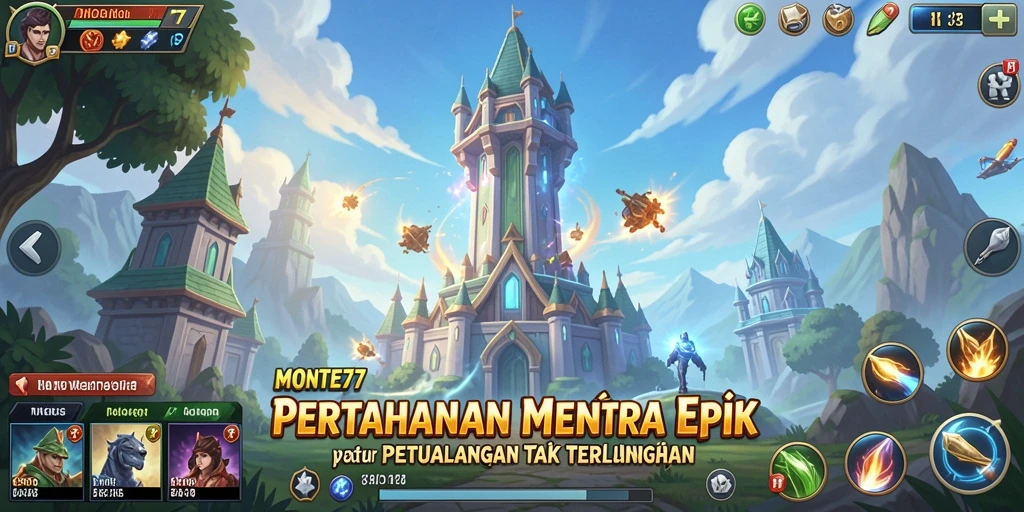 Screenshot gameplay MONTE77 menampilkan pertahanan menara yang epik.