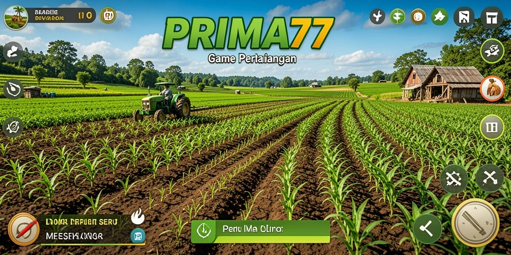 Tampilan gameplay PRIMA77 dengan kebun yang asri dan aktivitas pertanian.